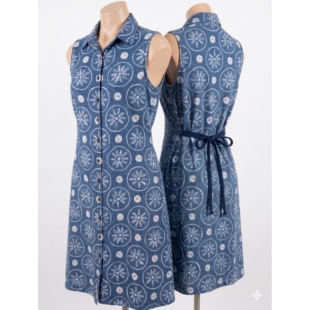 VTG 100% Linen Button Midi Shirt Dress LG Sleeveless Blue Batik Coastal Seashell